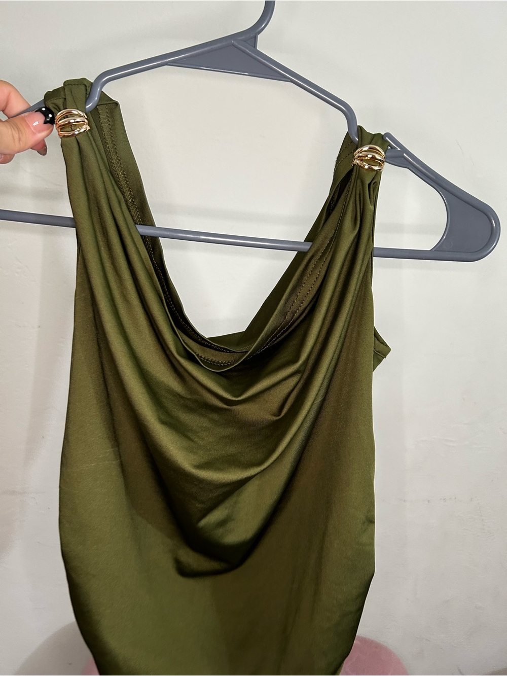 SHEIN Olive Green Drape Neck Tank Top with Gold Ring Straps
